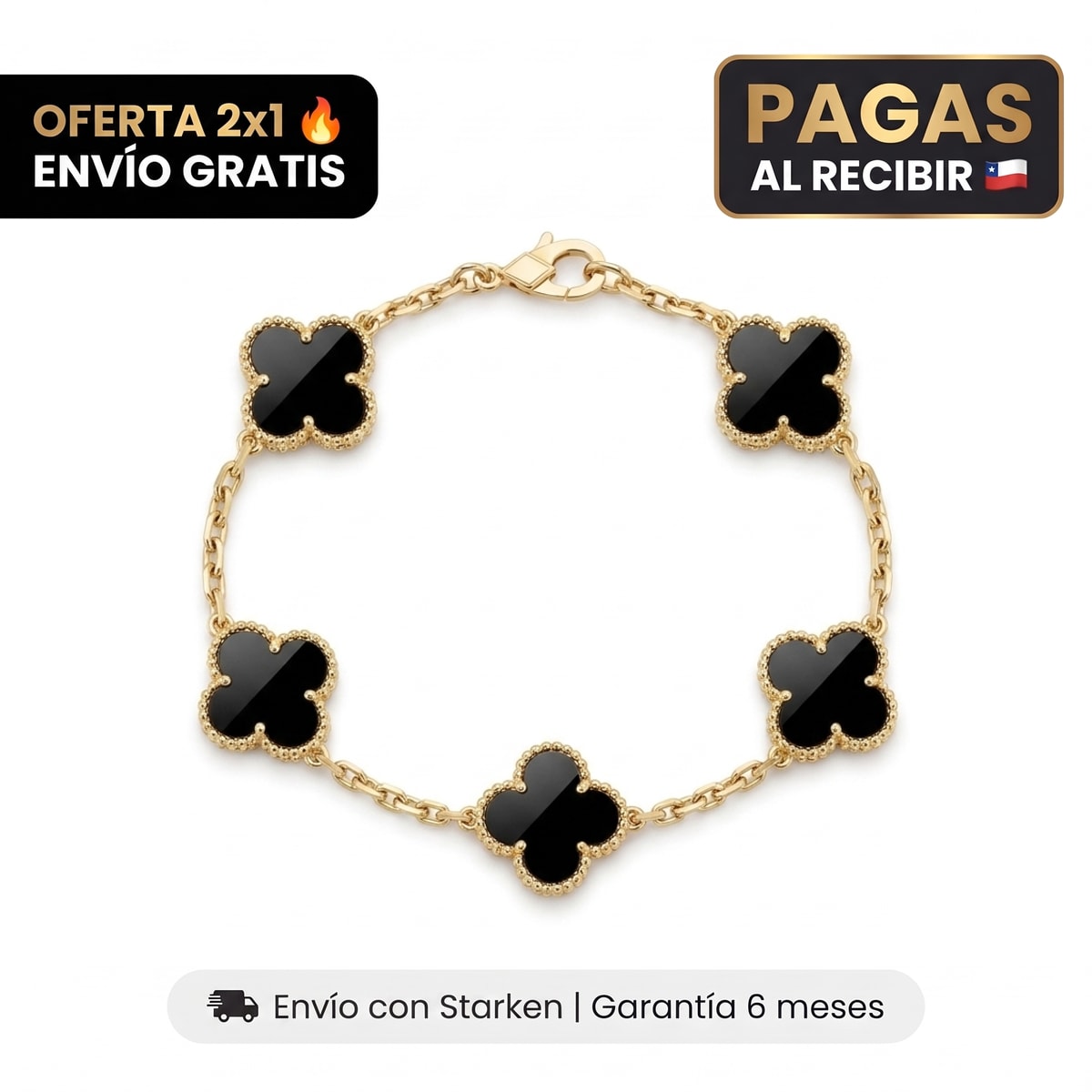 Pulsera trébol negro y dorado, oferta 2x1 con envío gratis