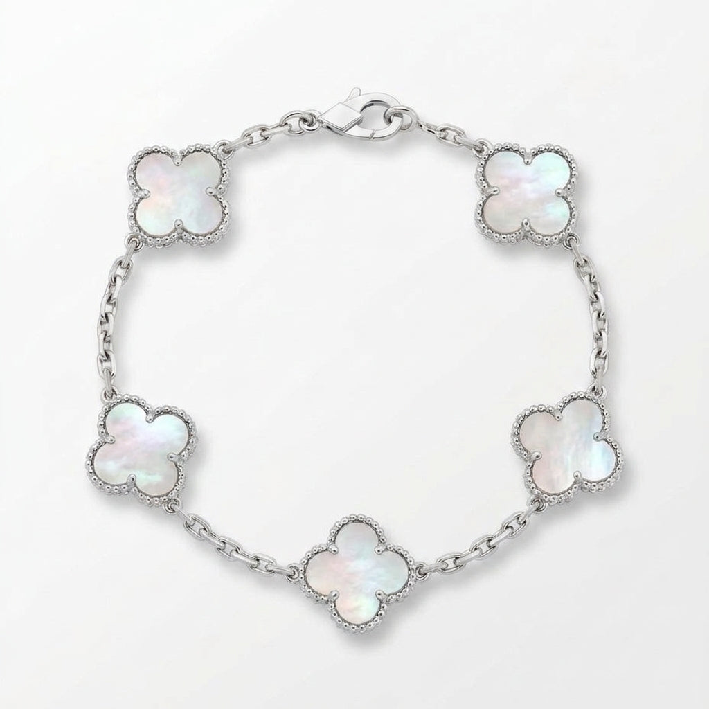 Pulsera trébol plateado blanco