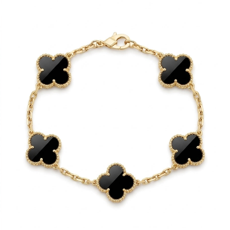 Pulsera trebol de cuatro hojas en negro y dorado
